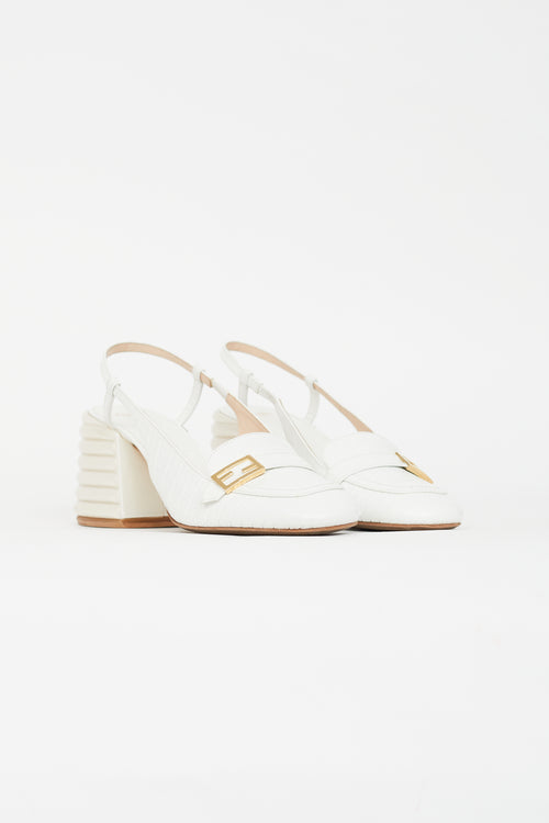 Fendi White Embossed Slingback Loafer Heel