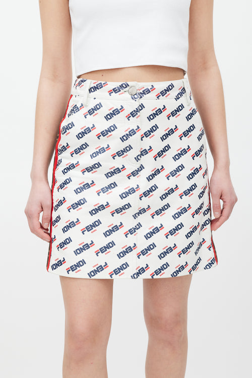 Fendi X Fila White 
Multicolour Leather Monogram Logo Skirt