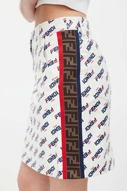 Fendi X Fila White 
Multicolour Leather Monogram Logo Skirt