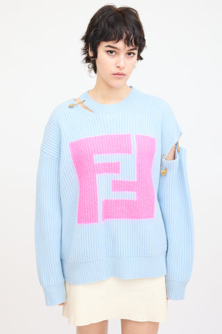 Fendi X Versace Light Blue Cashmere Logo Sweater