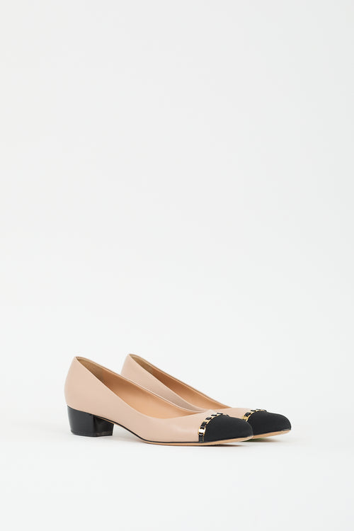 Ferragamo Beige 
Black Leather Embellished Cap Pump