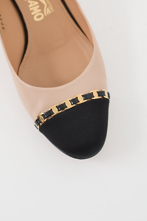 Ferragamo Beige 
Black Leather Embellished Cap Pump