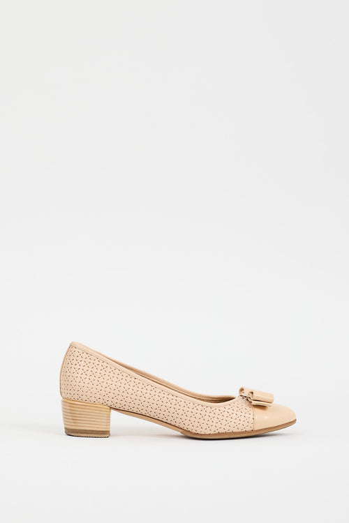 Ferragamo Beige Laser Cut Leather Vara Bow Pump