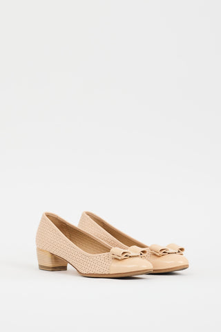 Ferragamo Beige Laser Cut Leather Vara Bow Pump