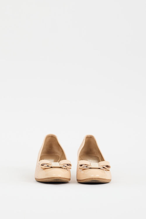 Ferragamo Beige Laser Cut Leather Vara Bow Pump