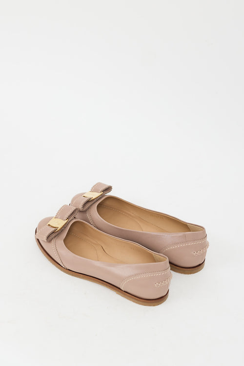 Ferragamo Beige Leather Vara Bow Stitched Flat