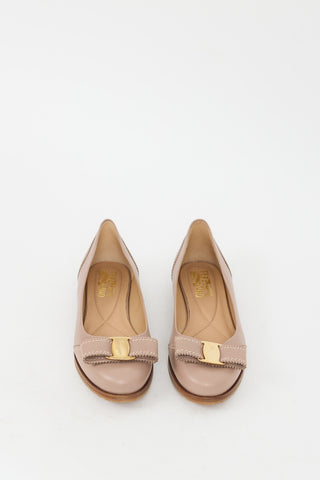 Ferragamo Beige Leather Vara Bow Stitched Flat