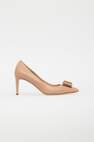 Ferragamo Beige Leather Pointed Toe Bow Pump