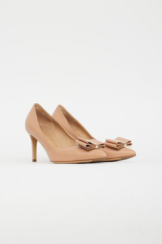 Ferragamo Beige Leather Pointed Toe Bow Pump