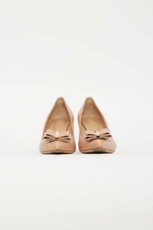 Ferragamo Beige Leather Pointed Toe Bow Pump