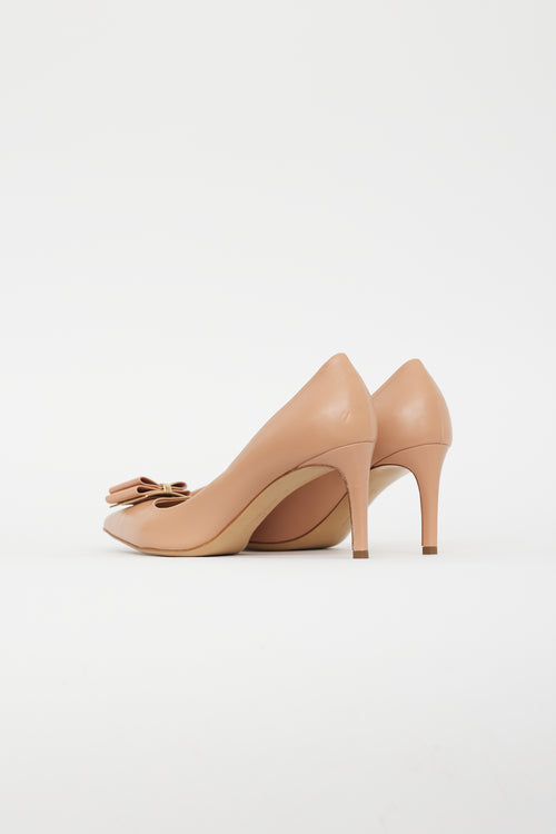 Ferragamo Beige Leather Pointed Toe Bow Pump