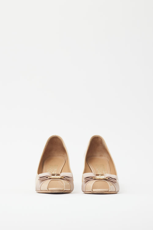 Ferragamo Beige Patent Leather Bow Pump