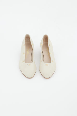 Ferragamo Beige 
Gold Embellished Trim Suede Pump