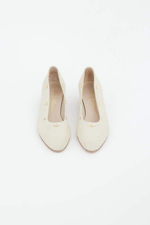 Ferragamo Beige 
Gold Embellished Trim Suede Pump