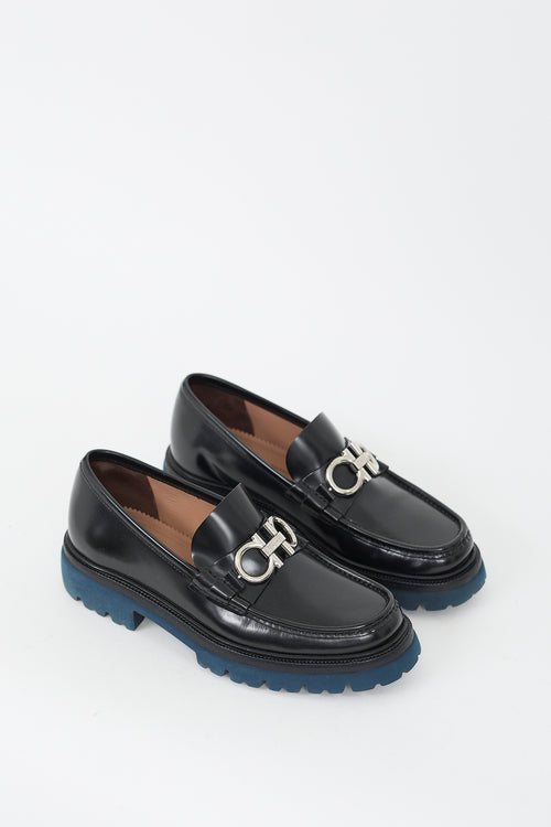 Ferragamo Black Leather Double Gancini Bleecker Loafer