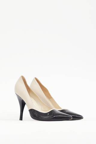 Ferragamo Black 
Cream Patent 
Leather Heel