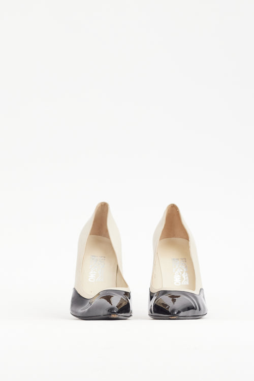 Ferragamo Black 
Cream Patent 
Leather Heel