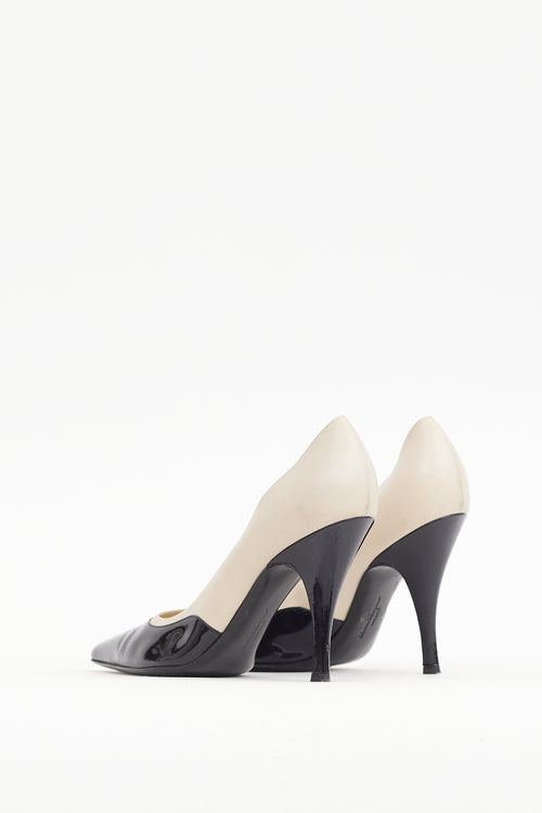 Ferragamo Black 
Cream Patent 
Leather Heel