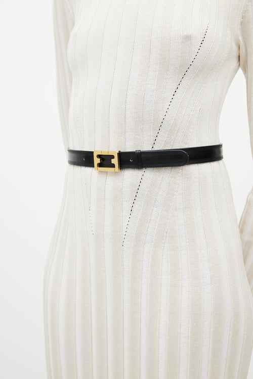 Ferragamo Black 
Gold Leather F Belt