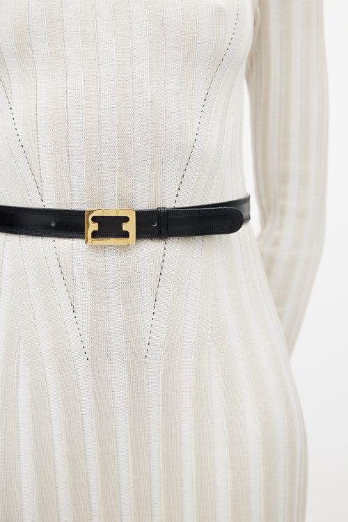 Ferragamo Black 
Gold Leather F Belt