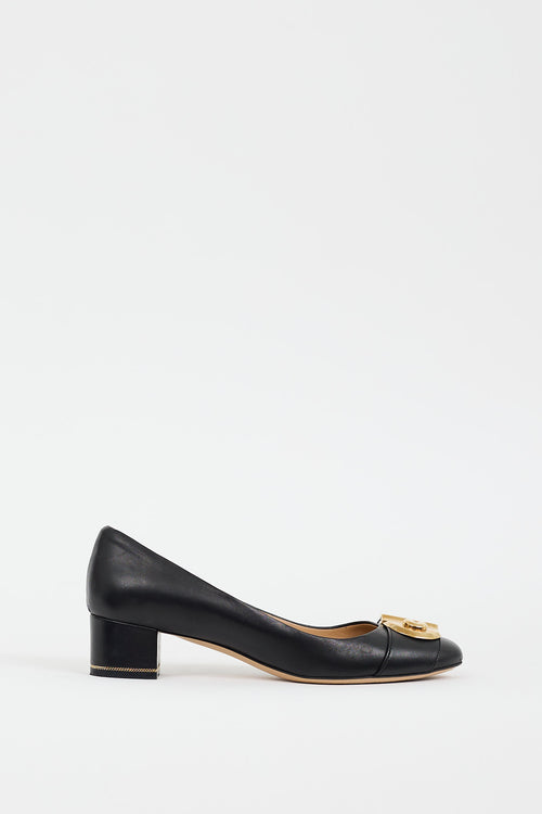 Ferragamo Black Leather Fiamma Hardware Pump