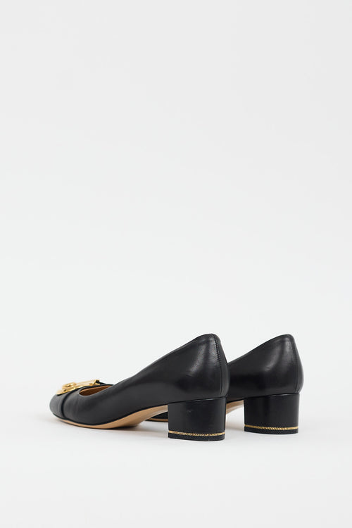 Ferragamo Black Leather Fiamma Hardware Pump