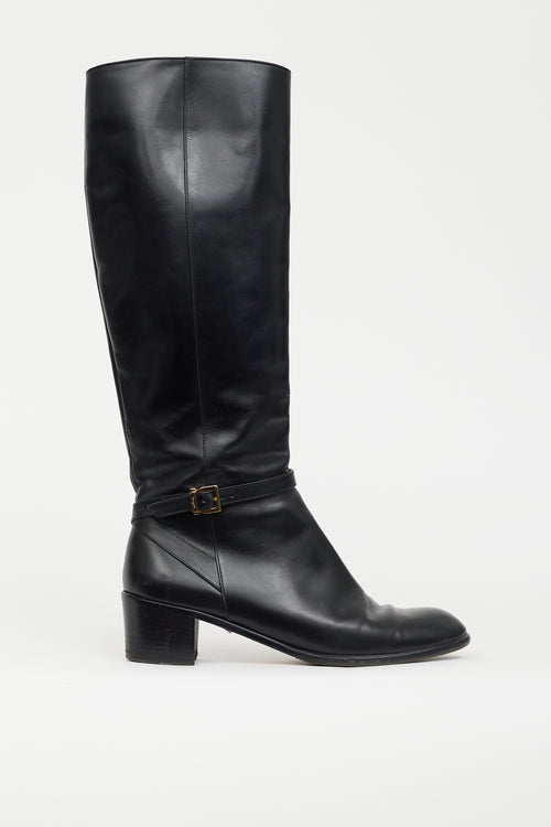 Ferragamo Black Leather Ankle Buckle Heeled Boot