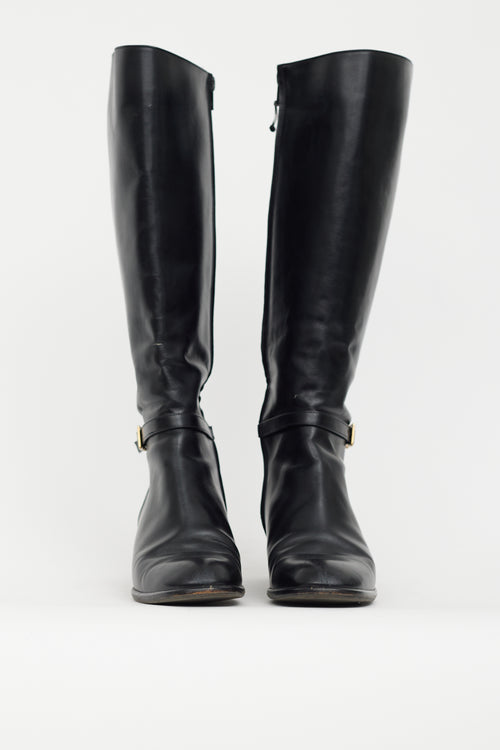 Ferragamo Black Leather Ankle Buckle Heeled Boot