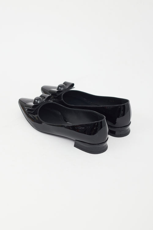 Ferragamo Black Patent Leather Pointed Toe Bow Flat