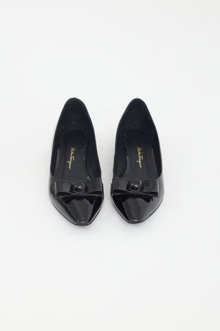 Ferragamo Black Patent Leather Pointed Toe Bow Flat