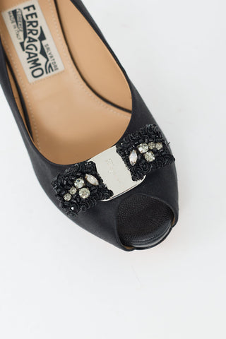 Ferragamo Black Satin Embellished Vara Bow Pump