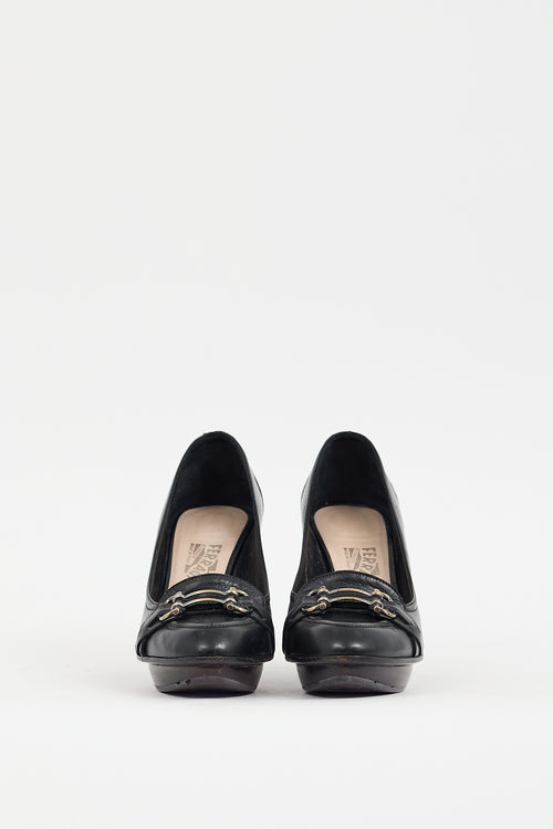 Ferragamo Black Leather Gancini Buckle Pump