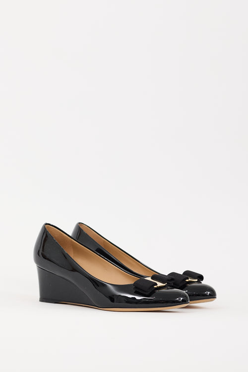 Ferragamo Black Patent Leather Vara Bow Wedge