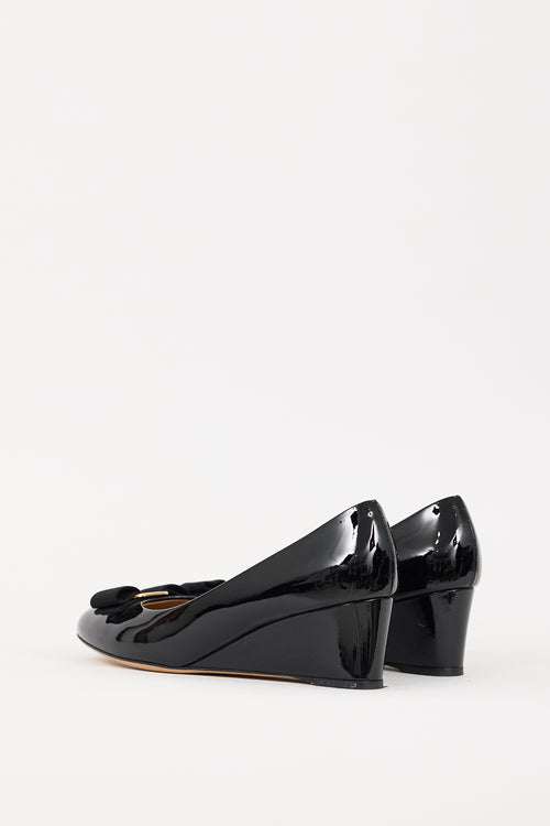 Ferragamo Black Patent Leather Vara Bow Wedge