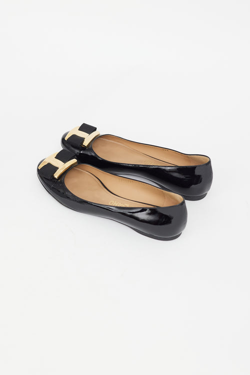 Ferragamo Black Patent Oversized Varina Bow Flat