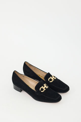 Ferragamo Black Suede Gancini Heeled Loafer