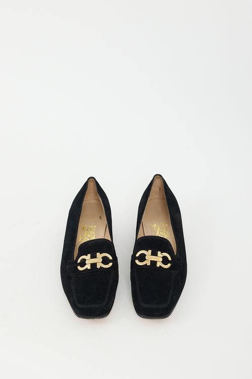 Ferragamo Black Suede Gancini Heeled Loafer