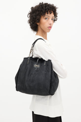 Ferragamo Black Suede 
Shearling Gancini Reversible Tote Bag