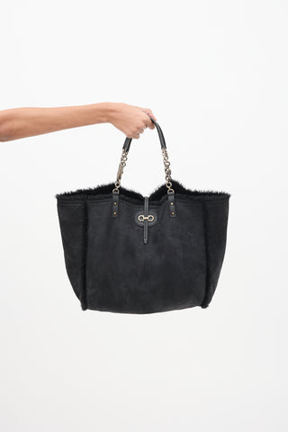 Ferragamo Black Suede 
Shearling Gancini Reversible Tote Bag