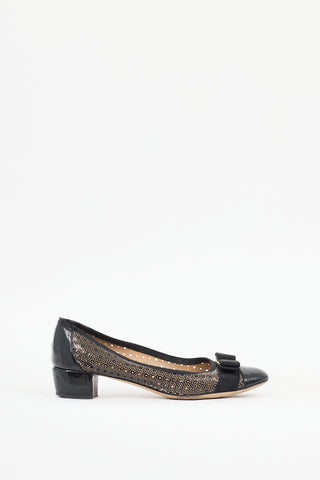 Ferragamo Black Patent Leather Perforated Vara Bow Pump