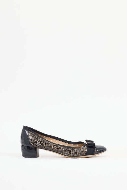 Ferragamo Black Patent Leather Perforated Vara Bow Pump