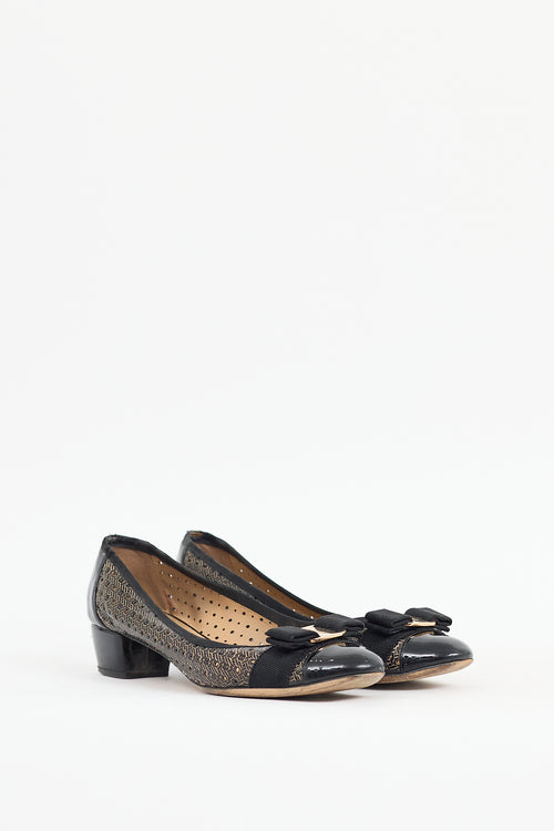 Ferragamo Black Patent Leather Perforated Vara Bow Pump