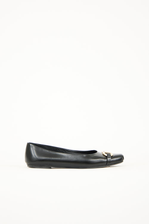 Ferragamo Black Leather Gancini Flats