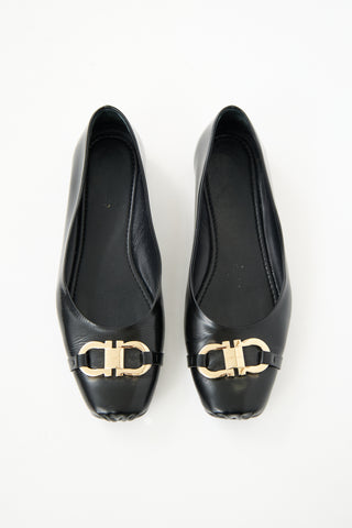 Ferragamo Black Leather Gancini Flats