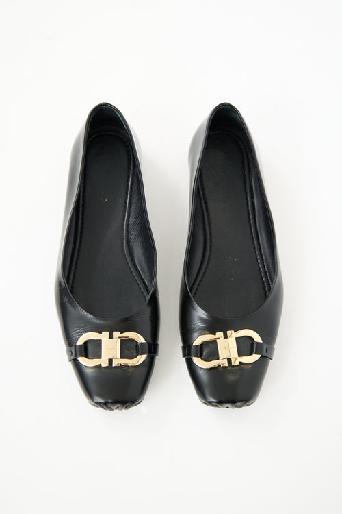 Ferragamo Black Leather Gancini Flats