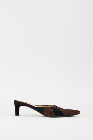 Ferragamo Vintage Black 
Brown Suede Whipstitch Mule