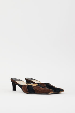 Ferragamo Vintage Black 
Brown Suede Whipstitch Mule