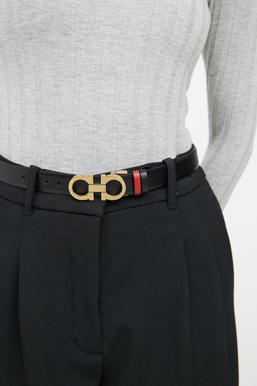 Ferragamo Black 
Red Leather Reversible Gancini Belt