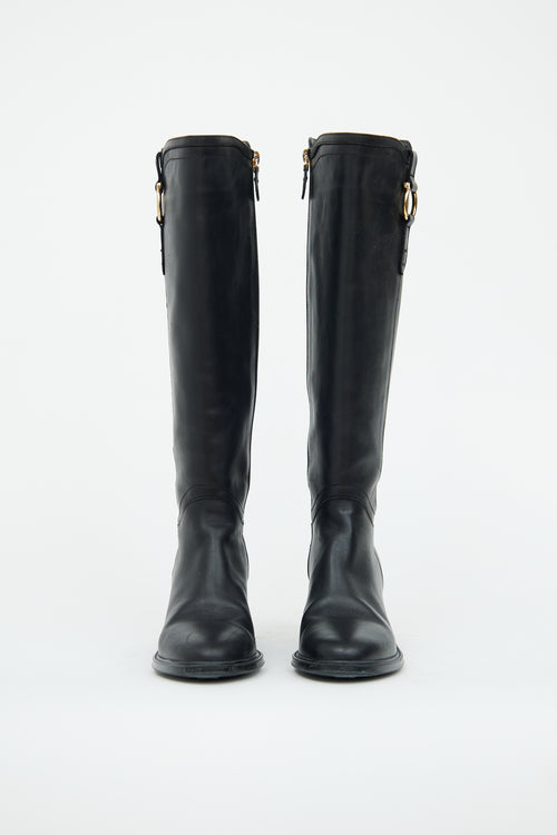 Ferragamo Black Leather Riding Boot