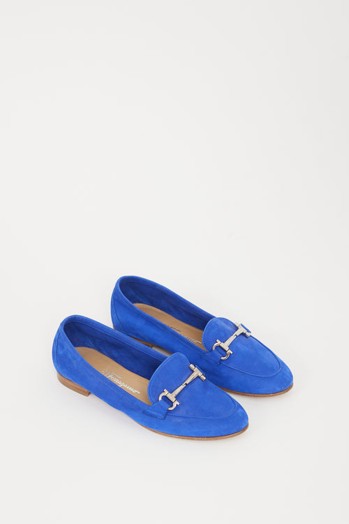 Ferragamo Blue 
Silver Suede Loafer